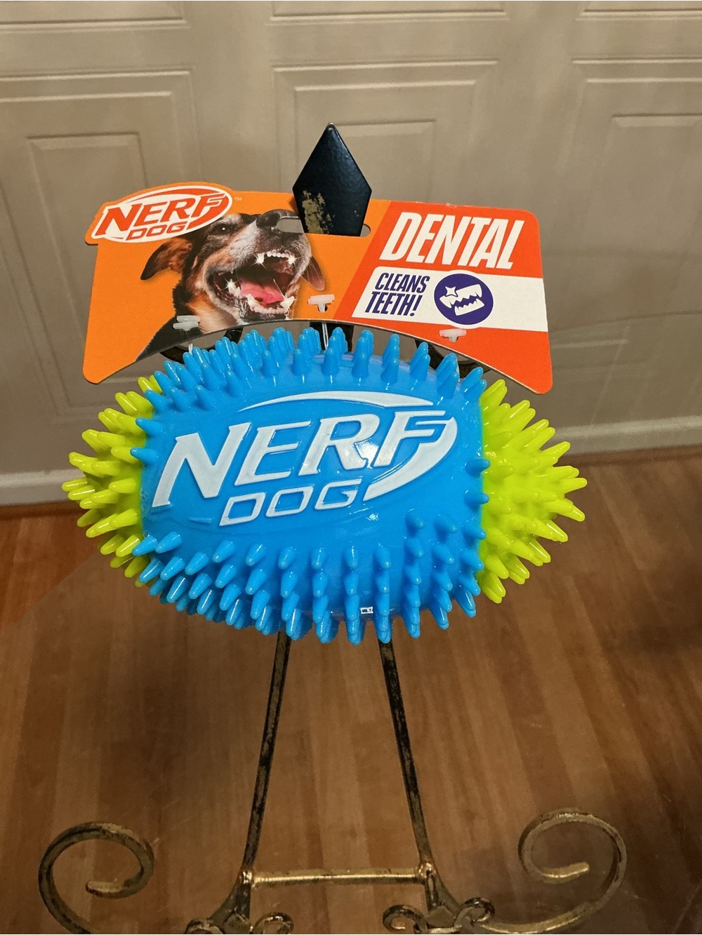 NEW NERF DOG Green/Blue Spike& Squeak 7:Inch. Rubber Football Toy